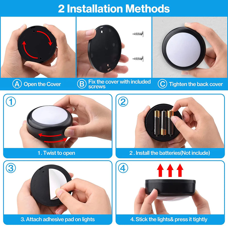 1-6Pcs RGBW LED Puck Night Lights Remote Control Dimmable under Cabinet Light Battery Operated Wireless Push Lamp Kitchen Closet